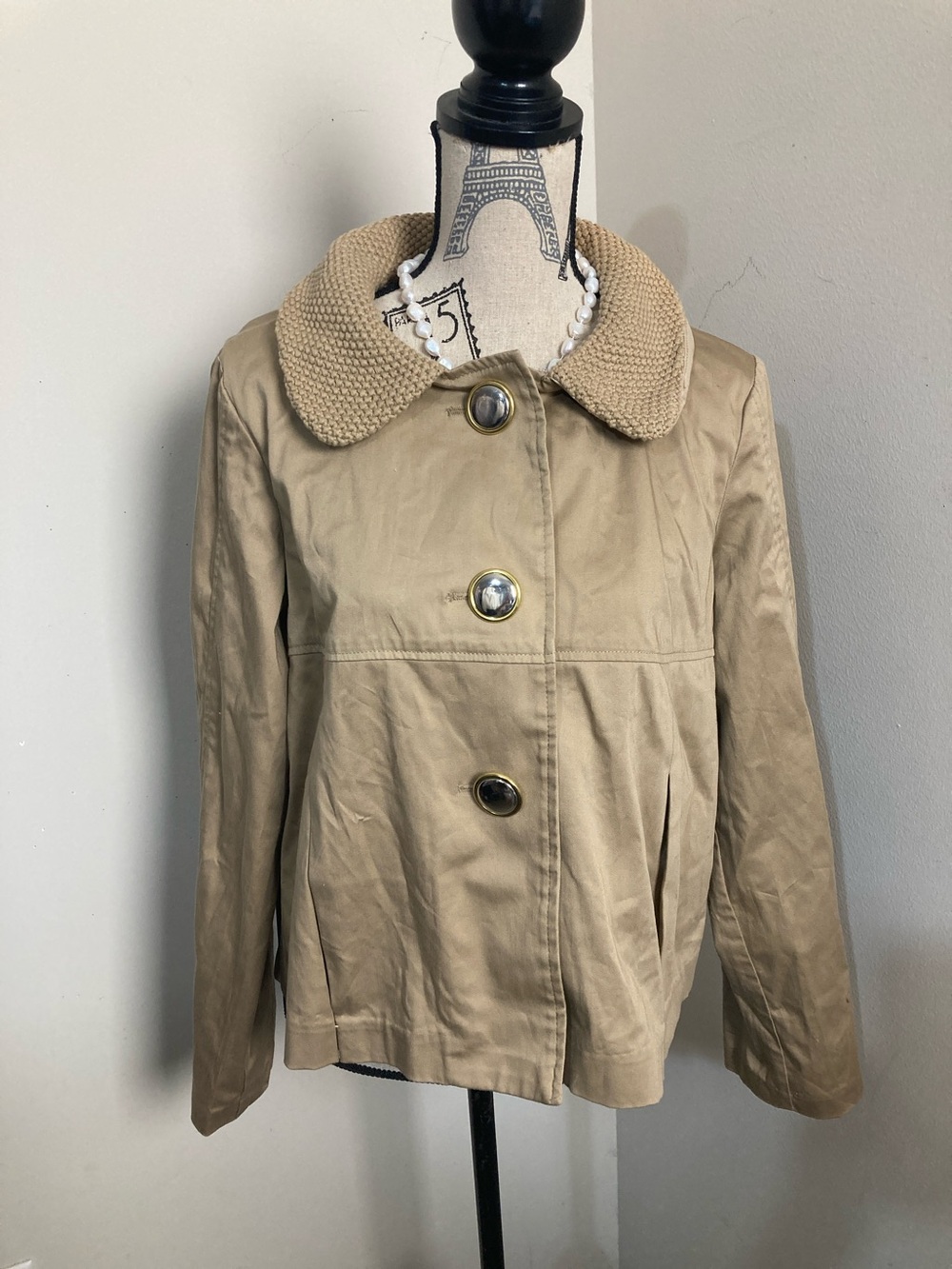 Requirements Tan Cropped Khaki Jacket with Knit Collar